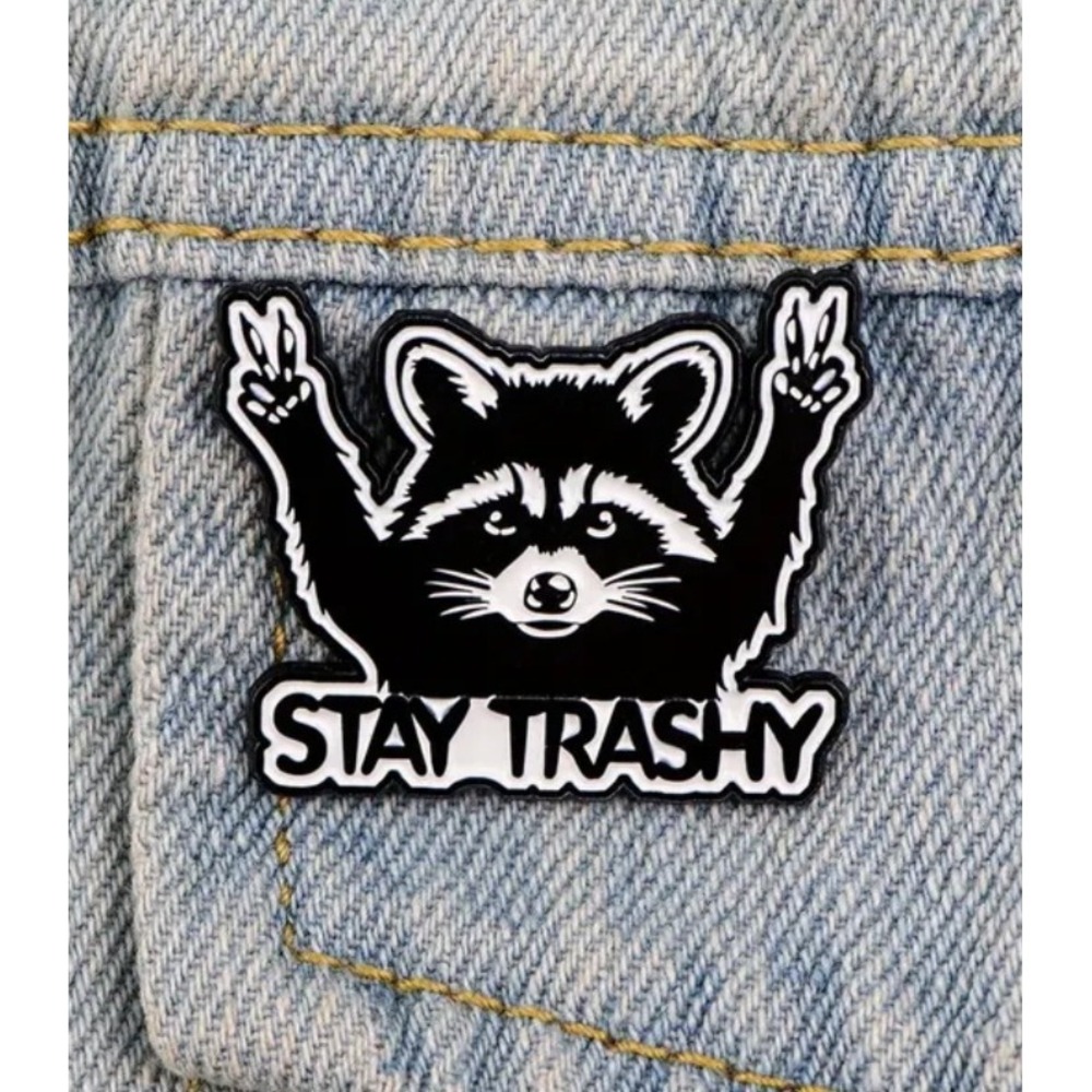 Stay Trashy Raccoon Enamel Pin Black White Peace Signs Trash Panda Accessory
